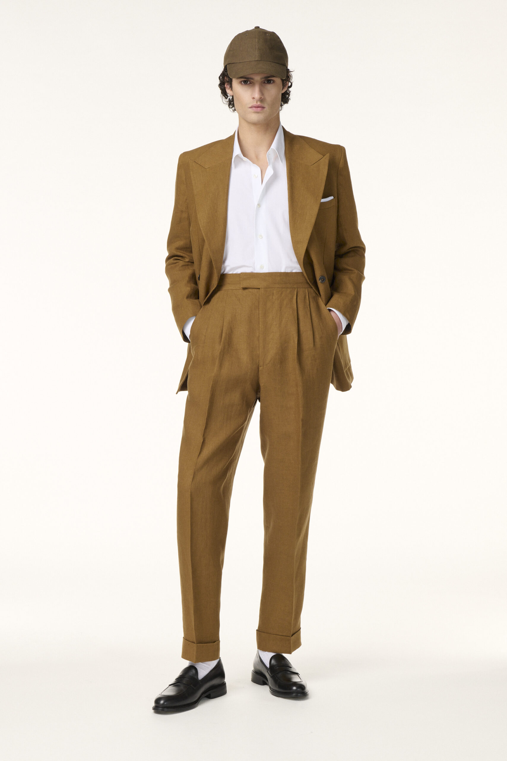 COSTUME CROISÉ EN LIN TABAC CLAIR